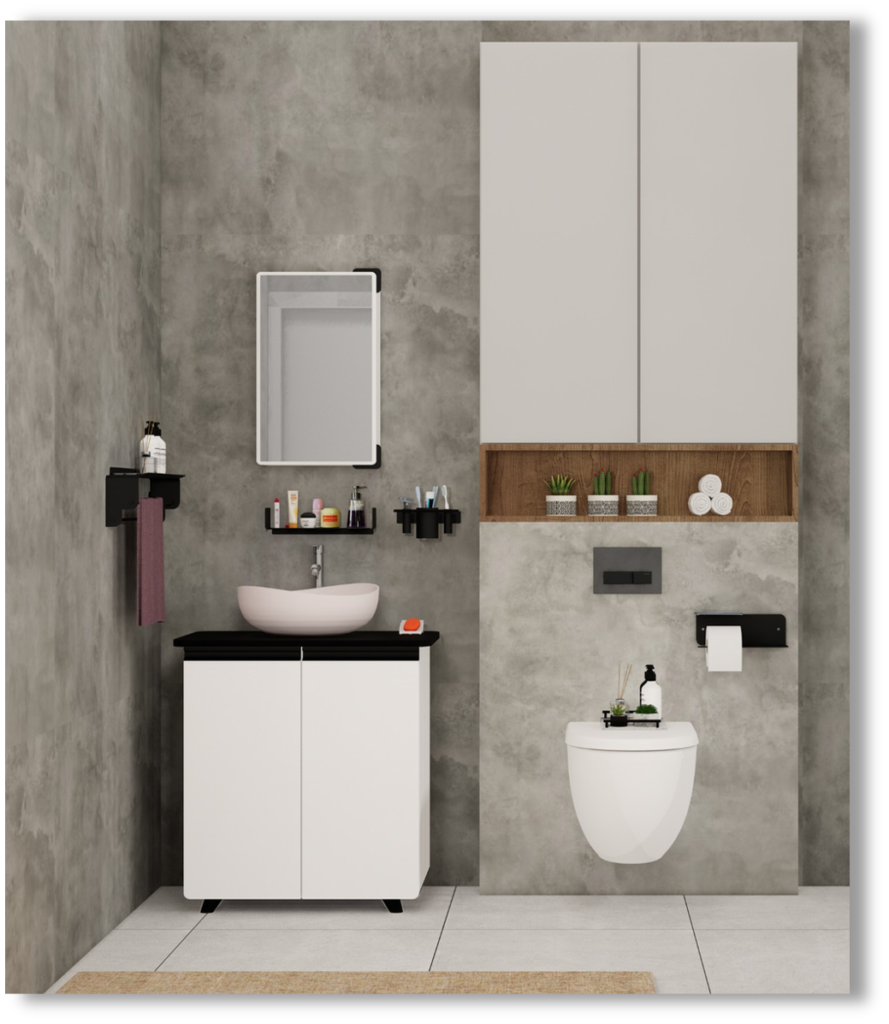 A well-organized small bathroom, styled and clutter-free, ideally shot wide to show the layout.