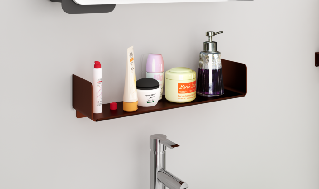 Wall shelf with toiletries in bathroom